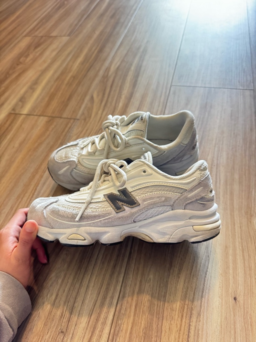 New Balance Cream and Light Gray Retro Runner Sneakers